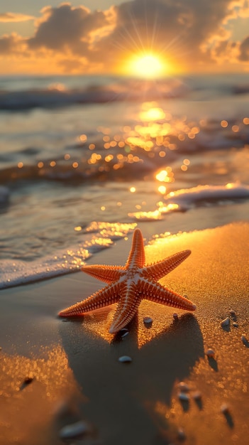 Estrela-do-mar serena na praia na hora dourada