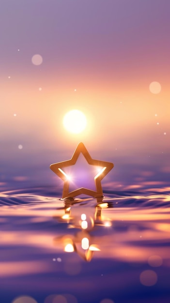 Estrela iluminada flutuando na água ao pôr-do-sol
