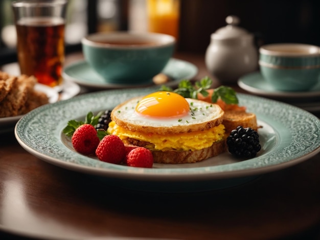 Estrelado Michelin e pequeno-almoço premium em restaurante de alta qualidade fotografia de comida cinematográfica
