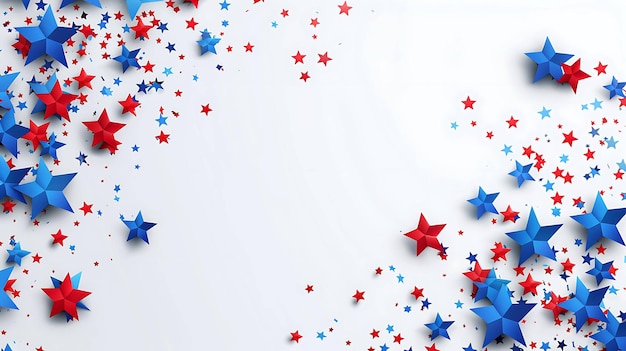 Estrelas 3D vermelhas, brancas e azuis em fundo branco Dia da Independência dos Estados Unidos 4 de julho Ilustração vetorial