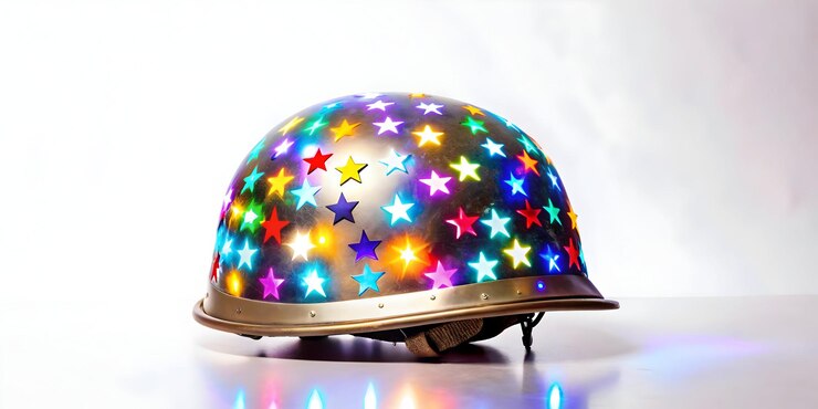 Foto estrelas brilhantes e capacete de soldados com conceito de espaço de cópia como uma imagem minimalista com um brilhante