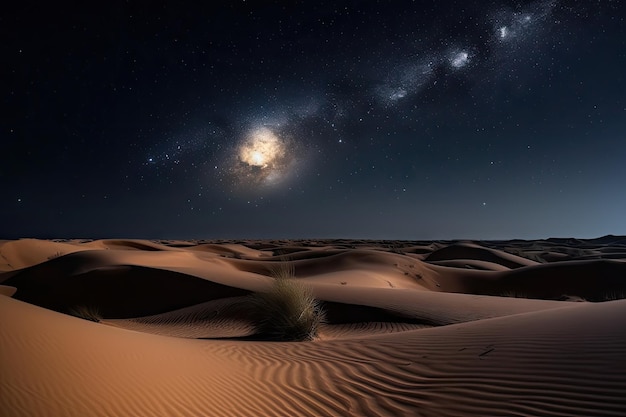 Estrelas cintilantes e a lua acima das dunas em um céu noturno no deserto criado com ai generativo