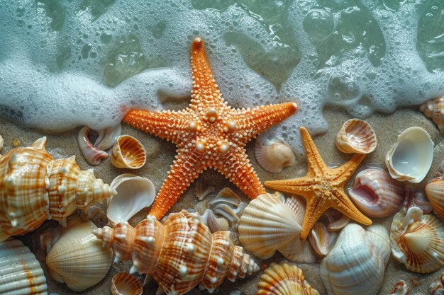 Estrelas de mar e conchas na costa
