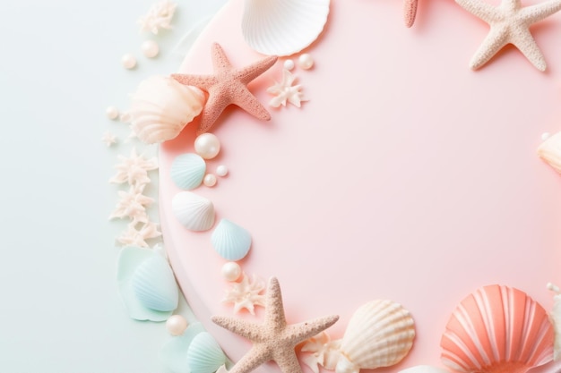 Foto estrelas de mar e pérolas de conchas em cores rosa e azul pastel com espaço para cópia