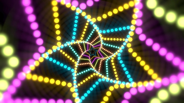 Estrelas de néon coloridas, fundo abstrato. Ilustração 3D de estilo clube dinâmico elegante e luxuoso