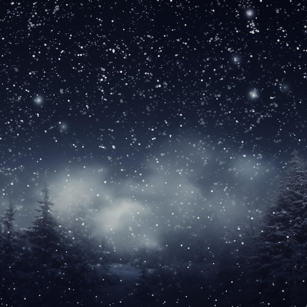 Estrelas de um planeta e galáxia em um espaço livre Neve acima da floresta em um fundo escuro