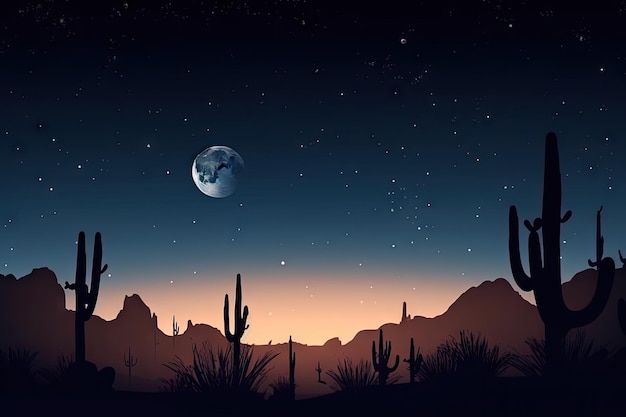 Estrelas do céu noturno e lua acima do deserto com silhuetas de cactos criados com generative ai