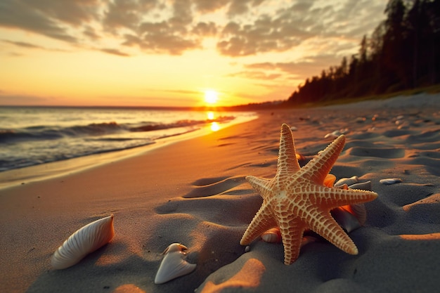 Estrelas do mar e conchas na praia ao pôr do sol