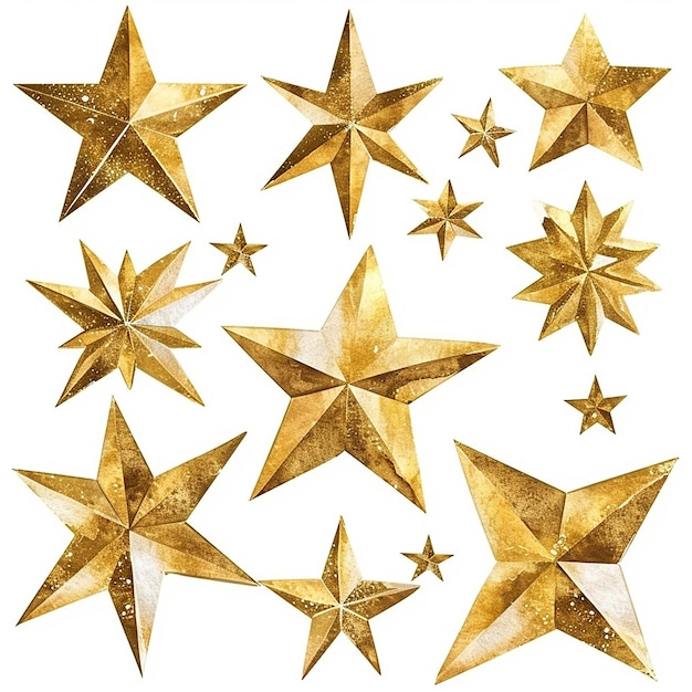 estrelas douradas 3d conjunto de ilustração de aquarela de estilo desenho animado em fundo branco