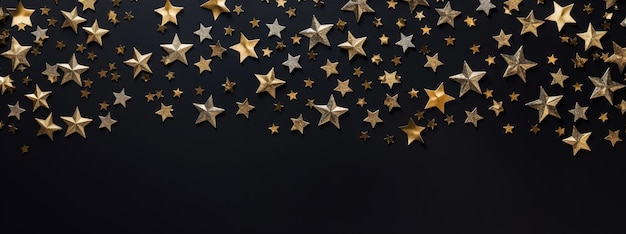 Estrelas douradas brilhando em fundo preto conceito de Natal e Ano Novo Espaço de cópia de vista superior plano