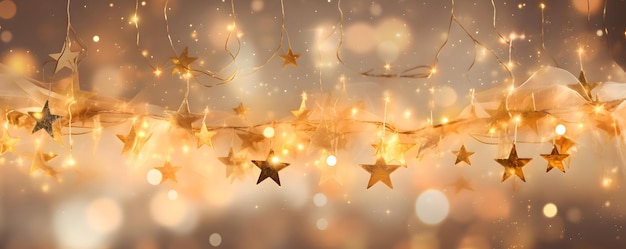 Estrelas douradas de Natal brilham e luzes banner fundo tema de celebração festiva