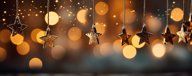 Estrelas e bola de Natal pendurado ornamento com bokeh de luz na noite escura fundo abstrato IA generativa