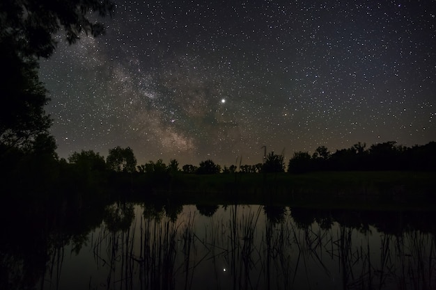 Estrelas no céu à noite. Brilhante Via Láctea sobre o lago. Fotografado com longa exposição.