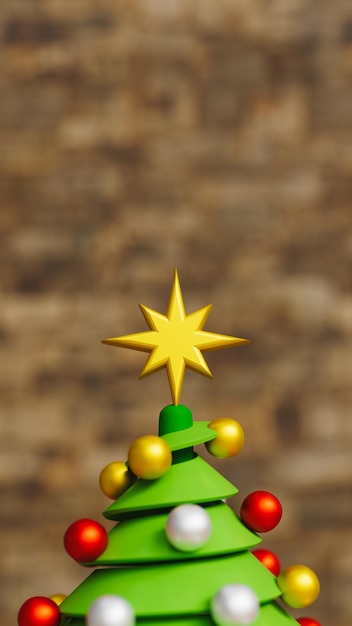 Estrella amarilla en la parte superior del árbol de Navidad verde con decoraciones con pared de piedra en el fondo