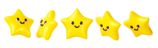 Estrella amarilla sonriente con cara feliz d iconos de renderizado de dibujos animados aislados emoji de sonrisa personaje en dif