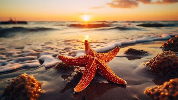 Estrella del atardecer Primer plano de una estrella de mar con una puesta de sol