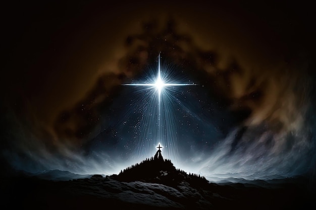 La estrella brilla sobre el pesebre navideño de Jesucristo