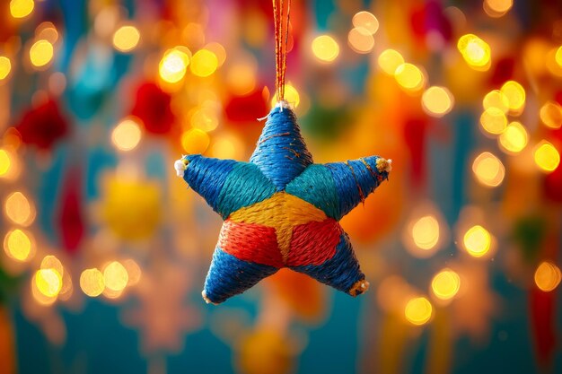 Una estrella de colores colgando de una cadena de luces