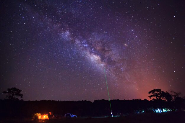 Estrella guía láser verde y Vía Láctea Fotografía de larga exposición con grano