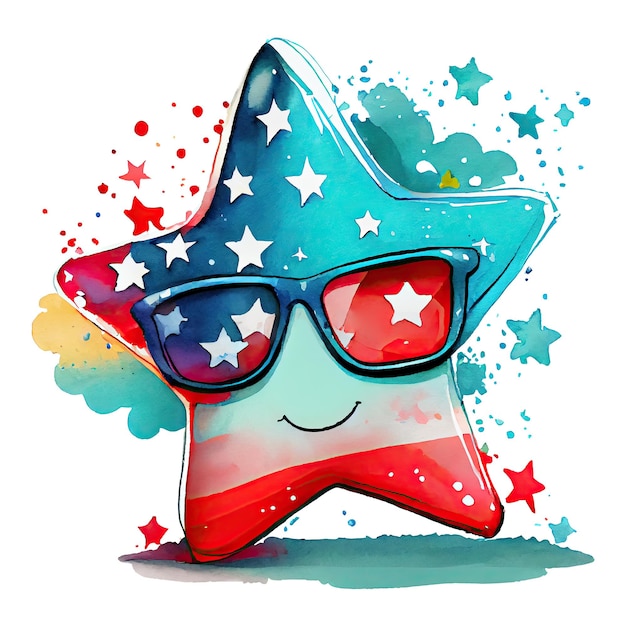 Estrella linda colorida acuarela con estampado de bandera de estados unidos 4 de julio feliz día de la independencia americana aislado