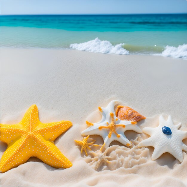 Foto estrella de mar en la arena con el mar de fondo