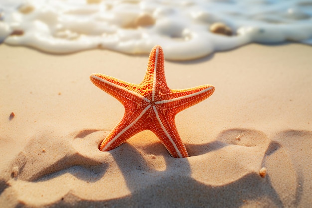 Estrella de mar en la arena en la playa entre conchas de mar Foto de vacaciones de verano Generada por IA