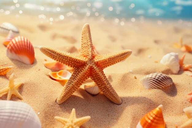 Estrella de mar en la arena en la playa entre conchas de mar Foto de vacaciones de verano Generada por IA