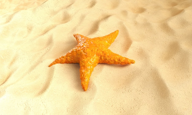 Estrella de mar del Caribe naranja sobre un fondo de arena. Representación 3D