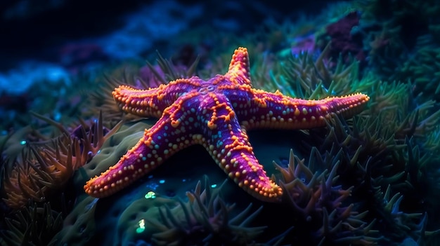 Una estrella de mar colorida está rodeada de algas.