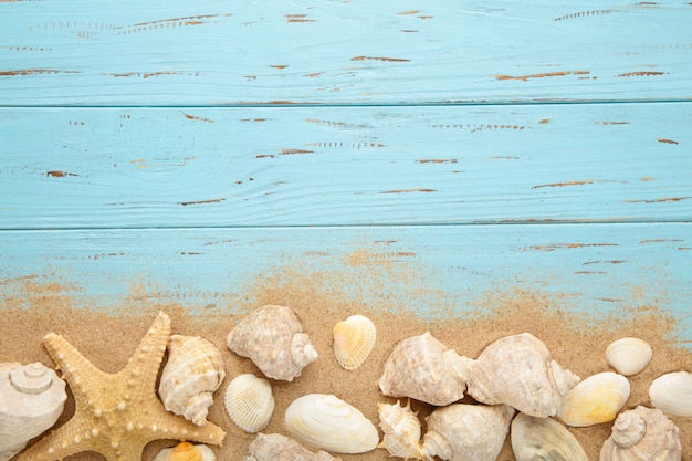 Estrella de mar y conchas marinas con arena sobre un fondo de madera. Concepto de verano