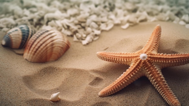 Una estrella de mar y conchas en una playa