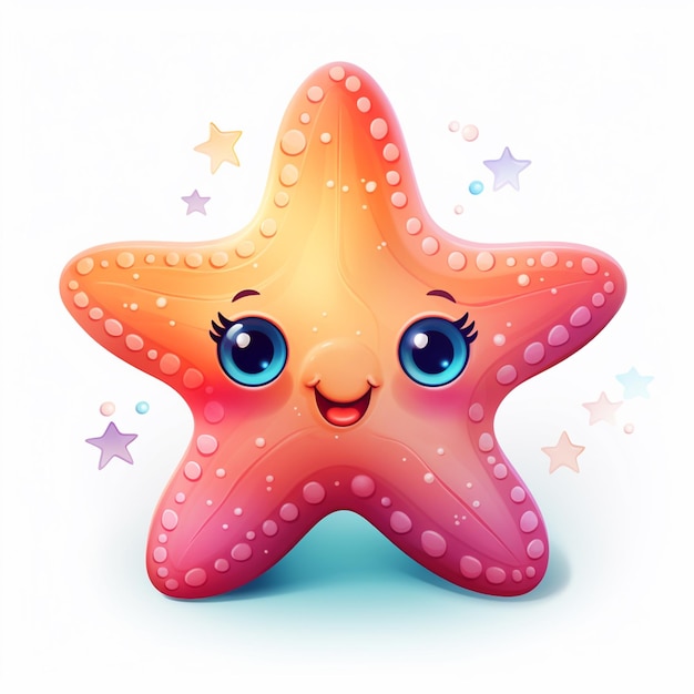 Estrella de mar de dibujos animados con una cara feliz y estrellas sobre un fondo blanco ai generativo