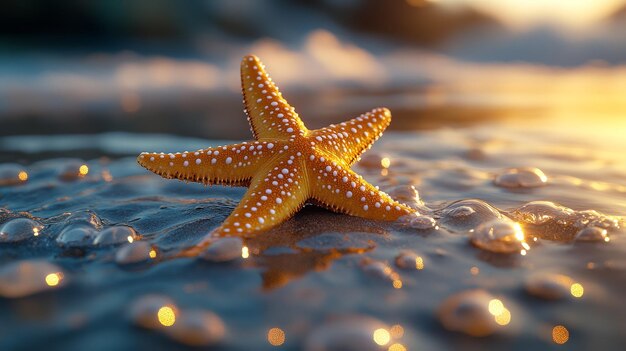 Estrella de mar dorada en la playa de arena al atardecer con luces Bokeh