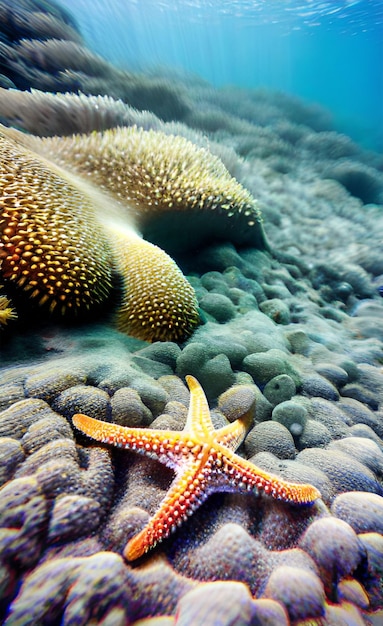 Una estrella de mar nada bajo un arrecife de coral.