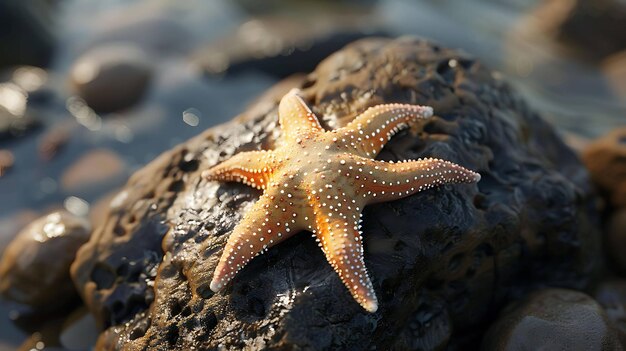 Una estrella de mar naranja se aferra a una roca húmeda en el borde del agua La estrella de mar está cubierta de pequeñas manchas blancas y tiene cinco largos brazos