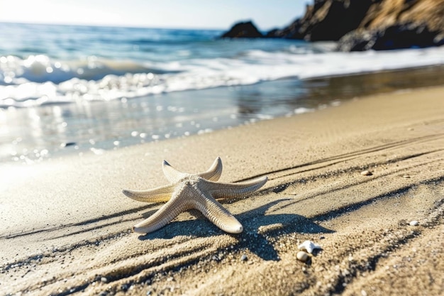 Estrella de mar en la orilla con el fondo del mar brillante