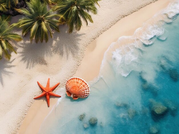 una estrella de mar y una palmera en una playa