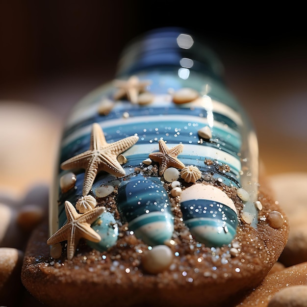 Estrella de mar en la playa de arena Diseño de uñas Tonos neutros y azules Idea conceptual Sesión de fotos de arte creativo