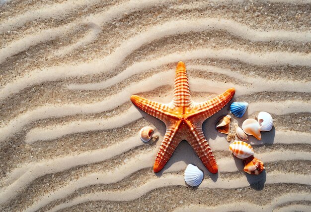 Estrella de mar en la playa de arena para el espacio de copia