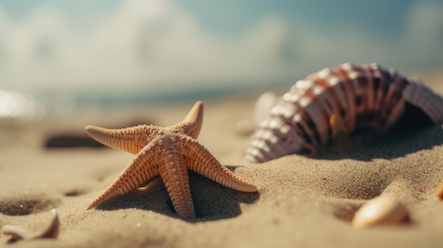 Estrella de mar en la playa con una concha de mar