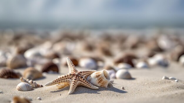 Una estrella de mar en una playa con conchas en la arena.