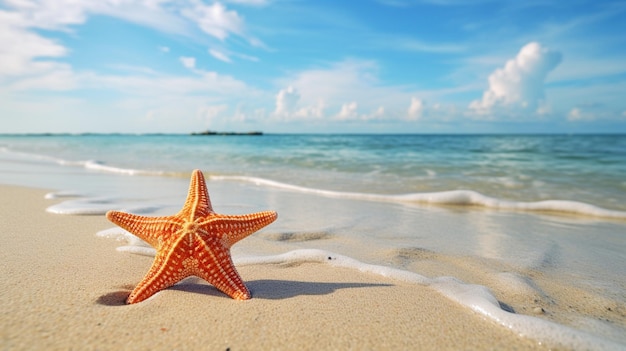 Estrella de mar en la playa con fondo de mar y cielo Copiar espacio