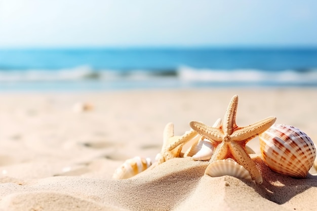 Estrella de mar en la playa con el mar de fondo