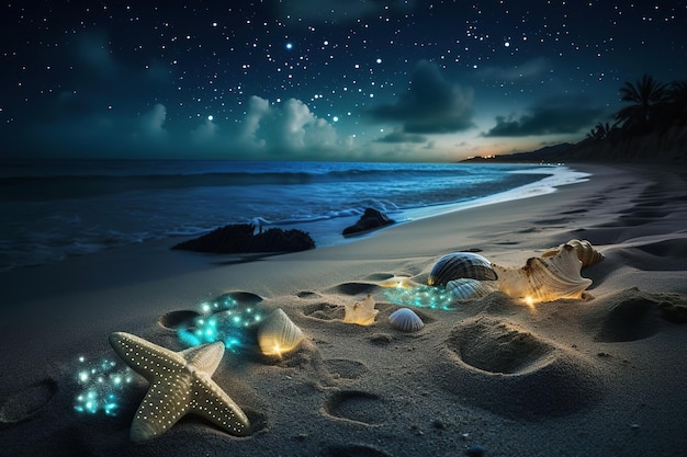 Estrella de mar en la playa por la noche