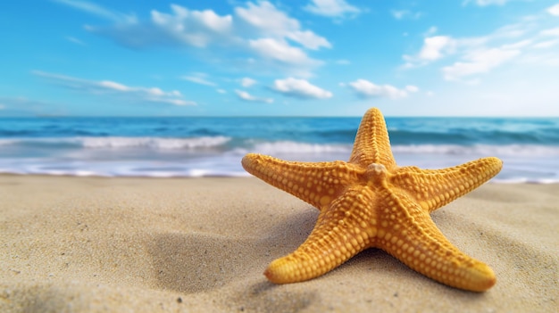 Una estrella de mar en una playa con el océano al fondo.