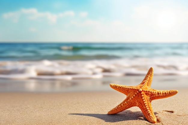 Una estrella de mar en la playa con el océano de fondo