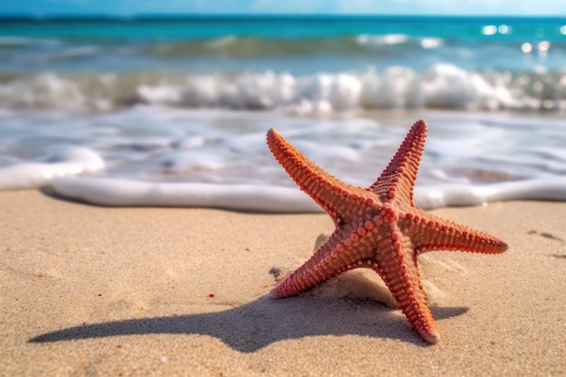 Una estrella de mar en la playa con el océano de fondo