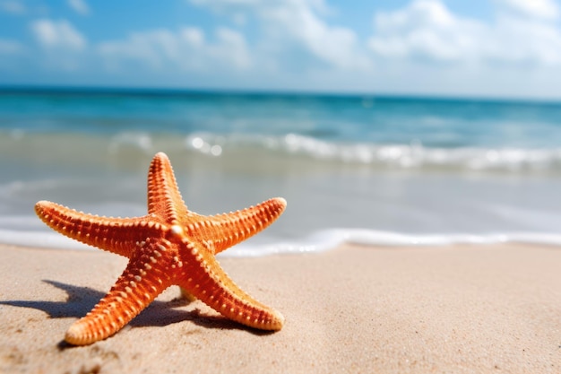 Una estrella de mar en la playa con el océano de fondo