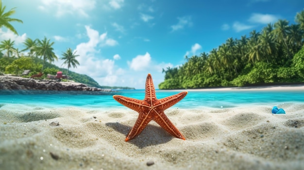 Una estrella de mar en una playa con palmeras al fondo