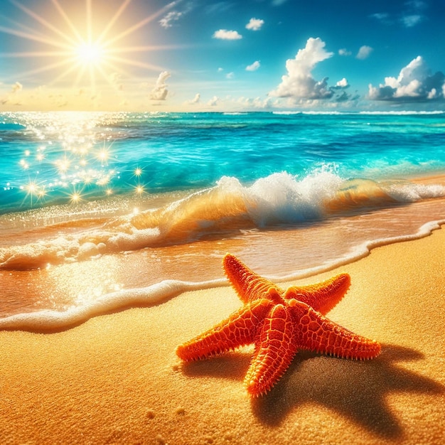 Estrella de mar en la playa con el sol en el fondo